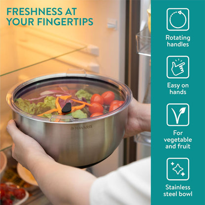 Navaris Salad Spinner with Lid - Salad Spinner Stainless Steel - Salad Dryer - Easy Washing, Drying and Spinning - Includes Grating and Slicing Discs