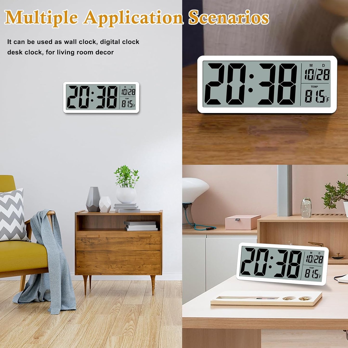 QINYUNE Digital LCD Wall Clock Easy to Set, 8.5 Inch LCD Screen with Time/Date/Temperature Display,Simple Digital Desk Clock with 12/24H for Bedroom Living Room Office