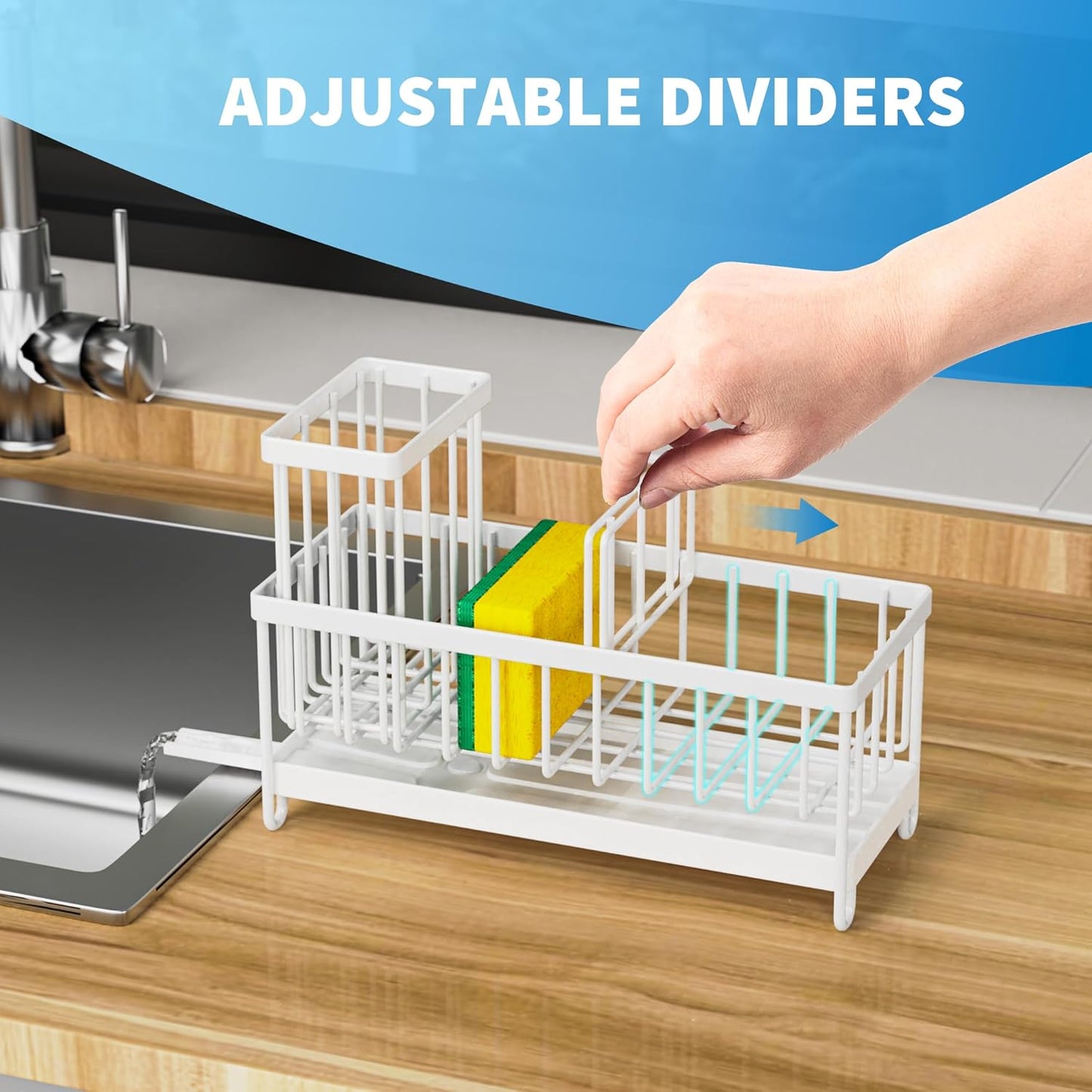 Cisily Sponge Holder for Kitchen Sink, Sink Caddy with High Brush Holder, Organzier Rustproof 304 Stainless Steel Dish Organizer Divider, Soap Dispenser Storage (Black)