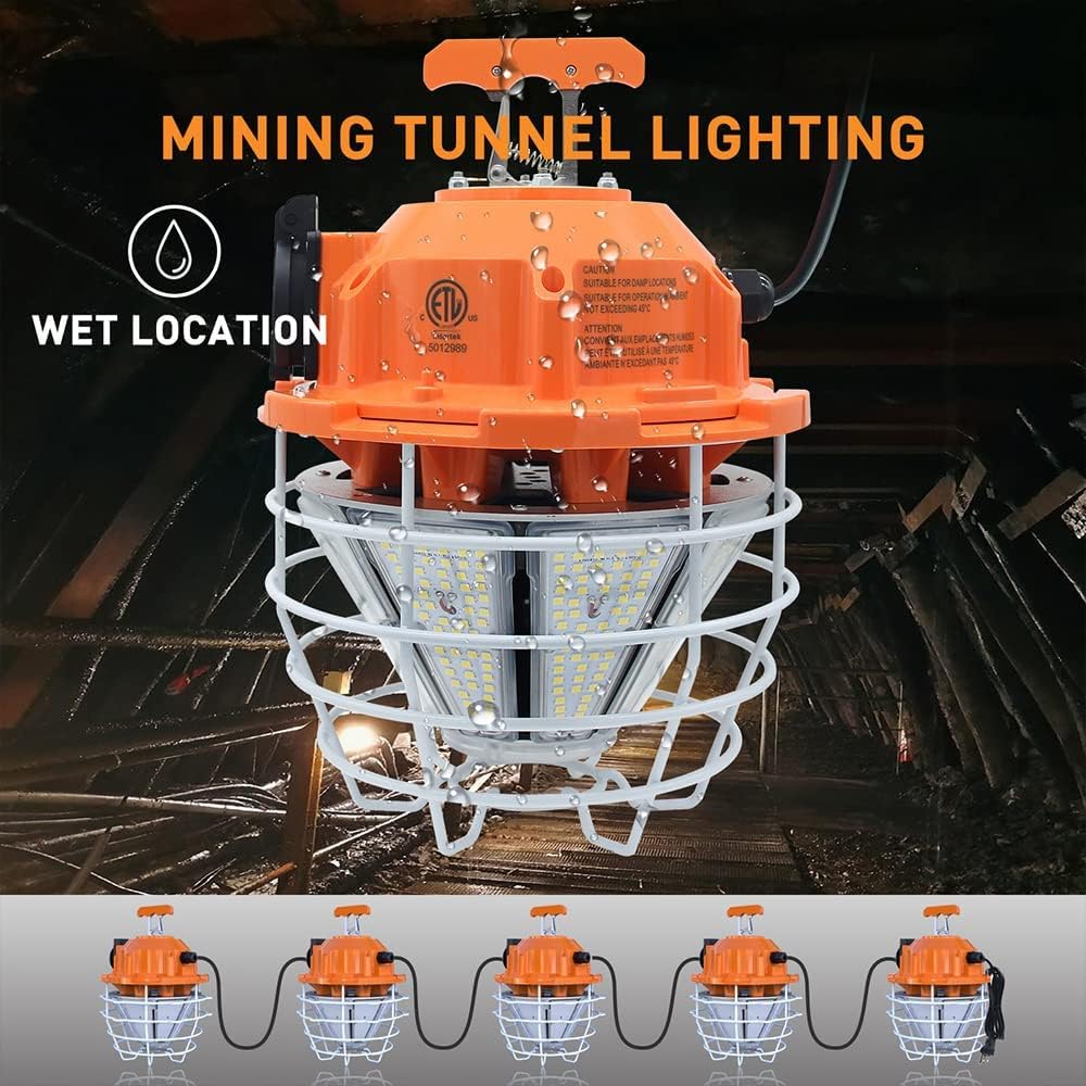 150W High Bay Outdoor Temporary LED Work Light 22500Lm 5000K Daylight White with Stainless Steel Guard and Hook Portable Hanging Lighting for Construction Job Site