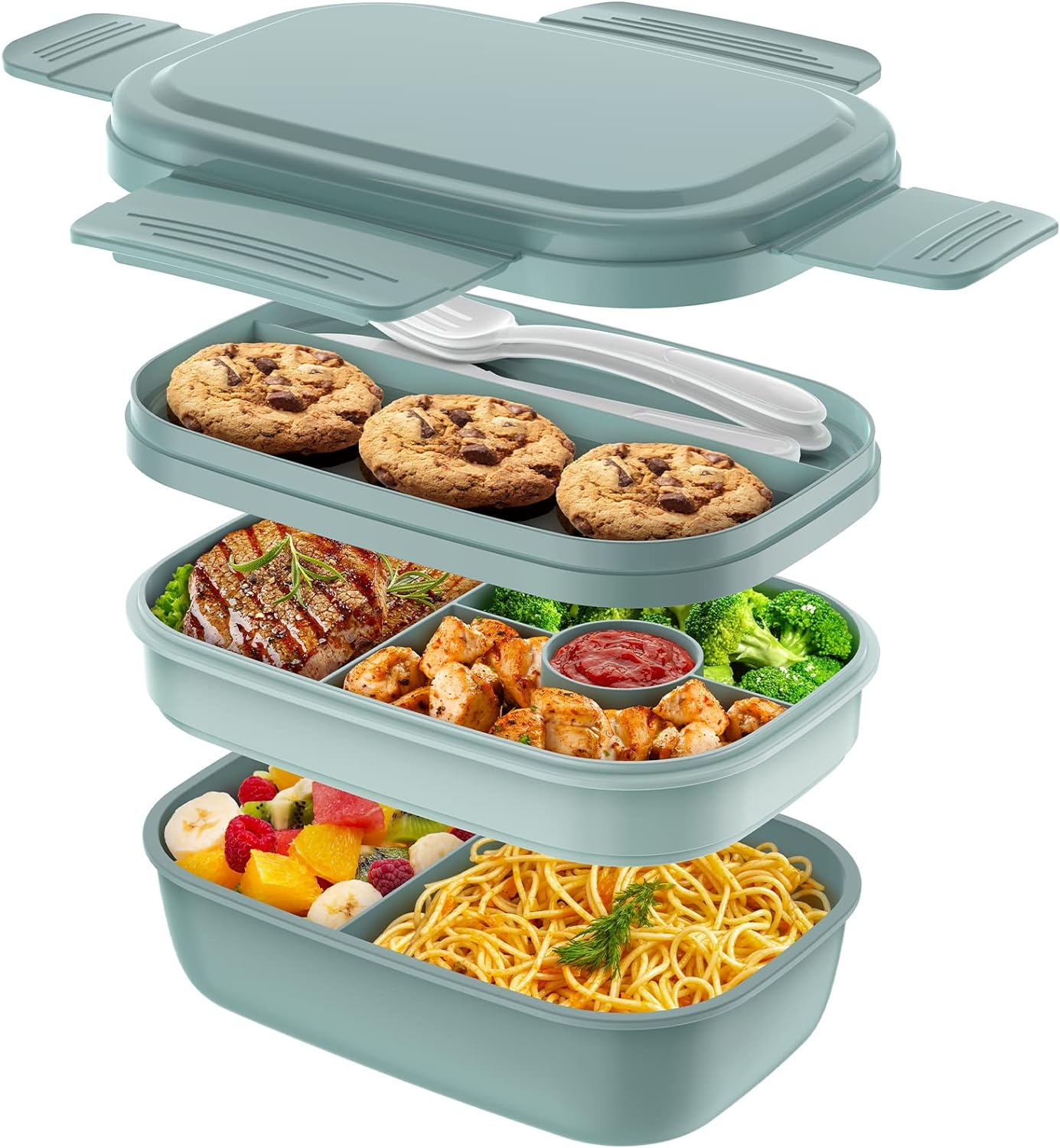 Bento Box Adult - 3 Layers Stackable Lunch Containers for Adults & Kids, 72oz Large Salad Containers for Lunch with Utensil Sauce Dressing Containers for Dining Out,Work,Pink