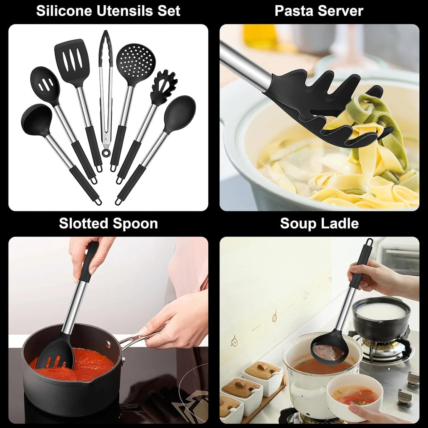 Silicone Cooking Utensils Set | Heat Resistant Kitchen Tools | Non Stick Cookware Utensils | Stainless Steel Handle Utensils | 7 Piece Cooking Set - PuriLite