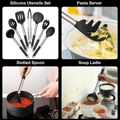 Silicone Cooking Utensils Set | Heat Resistant Kitchen Tools | Non Stick Cookware Utensils | Stainless Steel Handle Utensils | 7 Piece Cooking Set - PuriLite