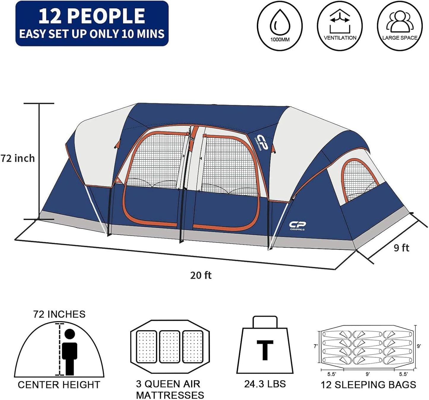 CAMPROS CP 12 Person Camping Tent, 3-Room Family Tent, Rainfly, Waterproof