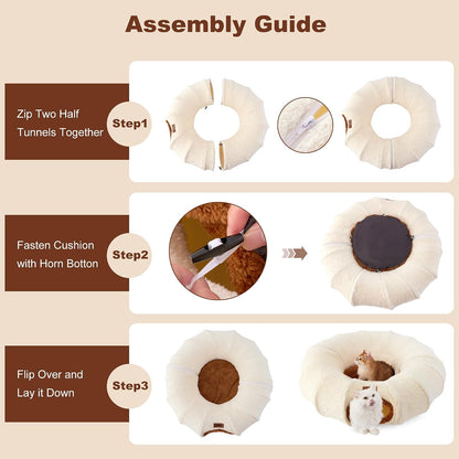 ZOMISIA Cat Tunnel Bed for Indoor Cats, Cute Cat Donut Toy Tunnel for Small Large Cats, Peekaboo Pet Cave Play Tunnel Toys for Kitten/Rabbit,Beige