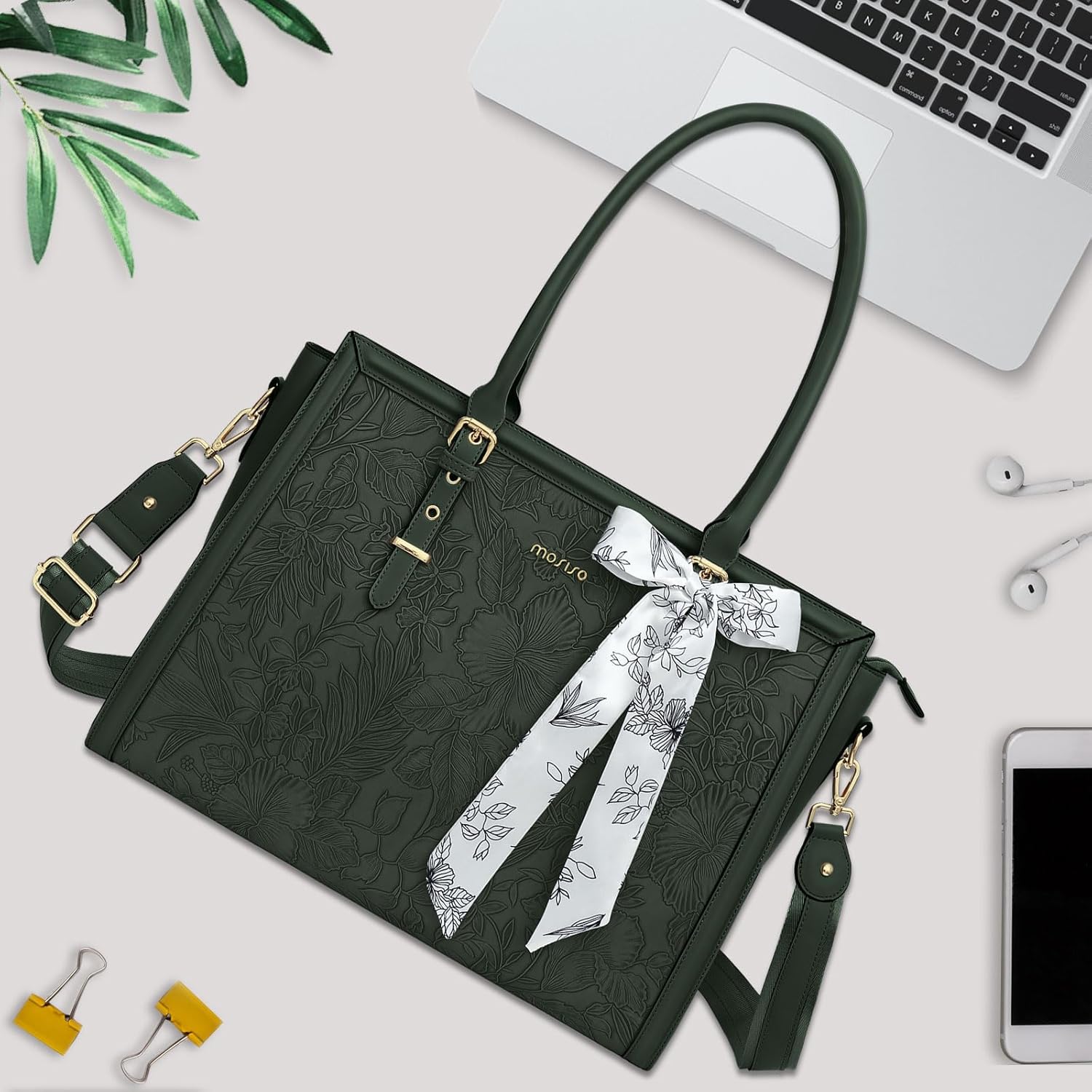 MOSISO Laptop Bag for Women, 17-17.3 inch PU Leathe Tote Bag Compatible with MacBook, HP, Dell, Asus Notebook, Front Embossed Retro Hibiscus Computer Bag with Silk Scarf&Clutch Purse, Gray - PuriLite