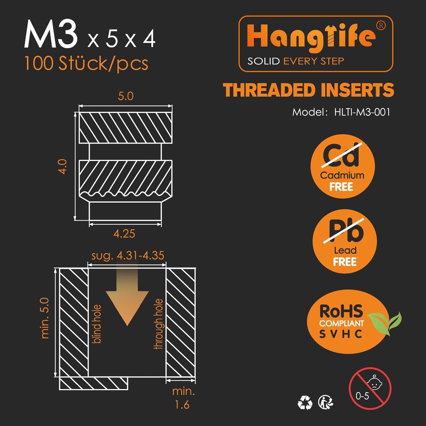 HANGLIFE Heat-Set Threaded Inserts, M3 Heat Set Insert for 3D Printing Components and Plastic Parts - Brass Metric Knurled Nuts (100 Pieces)