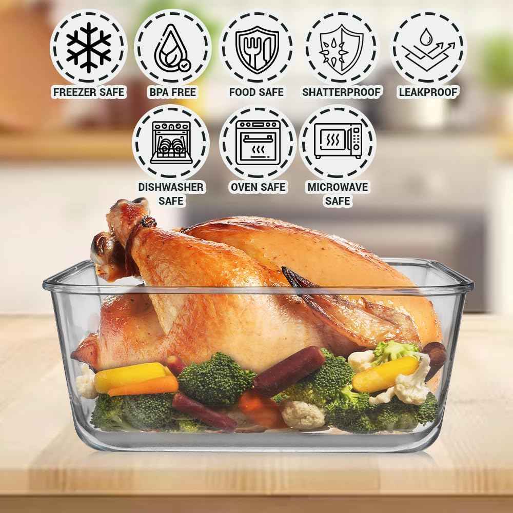 Razab 3300 Ml / 112 Oz Large Glass Container Food Storage with Lids - Leakproof, BPA-Free Large Meal Prep Container Ideal for Roasting Turkey, Store Leftover - Microwave & Oven Safe