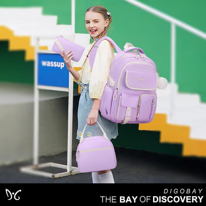 3PCS School Backpack for Girls with Lunch Box Pencil Pouch for Teen Girls Children Elementary Primary Middle High College Daypack School bag Bookbag Set Pink