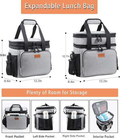 Expandable Large Lunch Bag, Double Deck Insulated Lunch Box Leakproof Durable Soft Cooler Bag for Men Women Adults Work Construction Beach Picnic Daytrip,16L,Black, GLENKEY