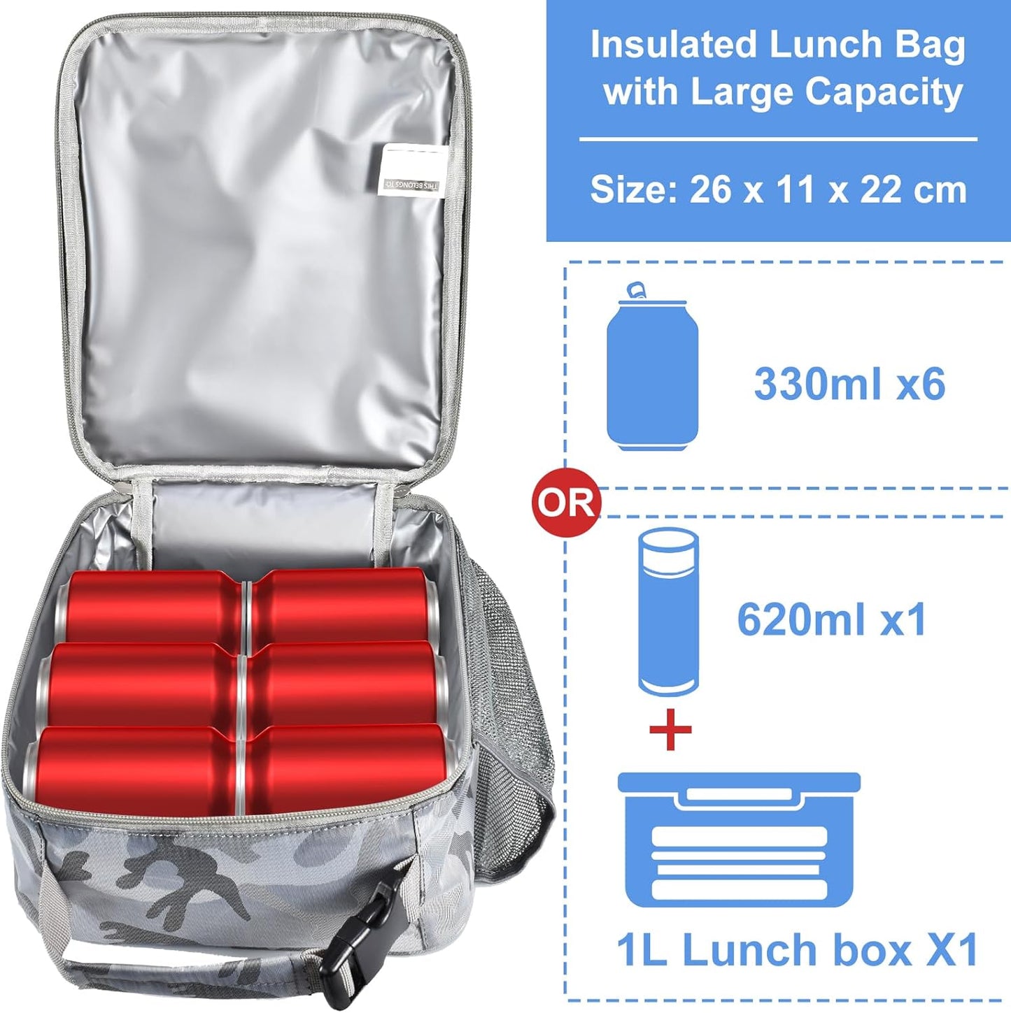 Insulated Lunch Bag, Leakproof Portable Lunch Box for Women Men Boys Girls, Large Capacity Cooler Bag with Handle and Bottle Pocket for Office School Camping Hiking Outdoor Beach Picnic (Black)