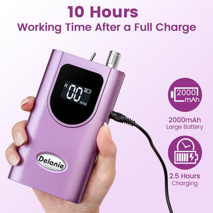 Delanie Professional Nail Drill High Torque 35000 RPM Rechargeable Portable Electric Nail File for Acrylic & Gel, High Speed, Low Heat, Low Vibration, Rose Gold