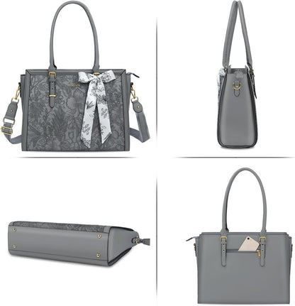 MOSISO Laptop Bag for Women, 17-17.3 inch PU Leathe Tote Bag Compatible with MacBook, HP, Dell, Asus Notebook, Front Embossed Retro Hibiscus Computer Bag with Silk Scarf&Clutch Purse, Gray - PuriLite