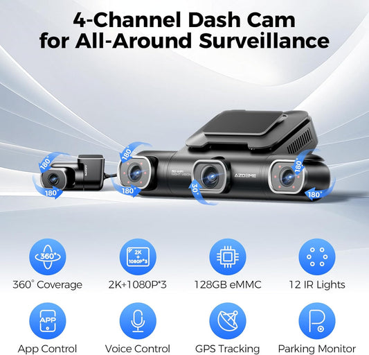 AZDOME M660 360° 4 Channel Dash Cam, Built-in 128GB eMMC, 2K+1080P*3 Dashcam Front and Rear Inside Left Right, Voice Control, 5G WiFi Dash Camera for Cars with 4 Adjustable Lenses, IR Night Vision - PuriLite