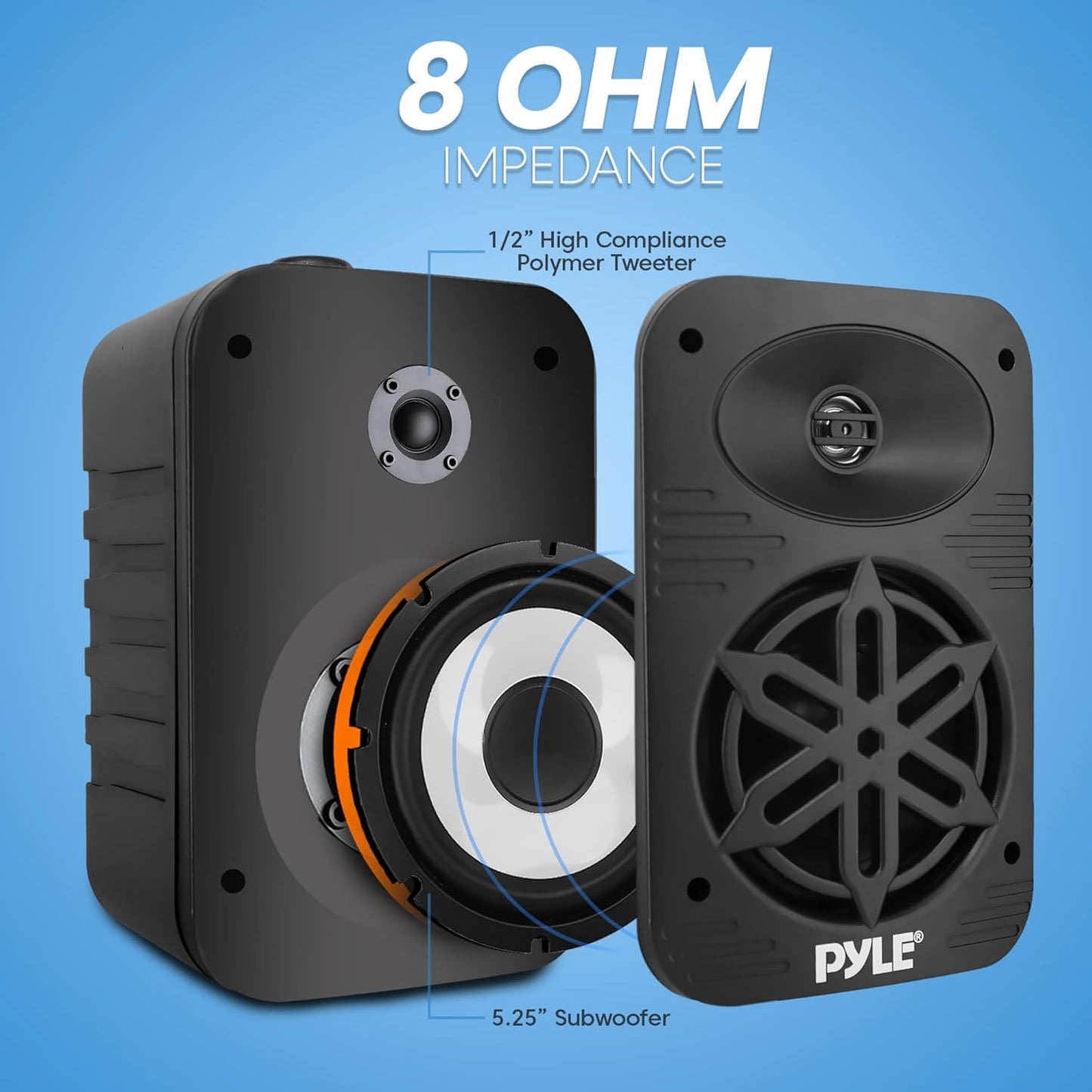 Pyle Indoor Outdoor Speakers Pair - 500 Watt Dual Waterproof 5.25” 2-Way Full Range Speaker System w/ 1/2” High Compliance Polymer Tweeter - in-Home, Boat, Marine, Deck, Patio, Poolside (Black)