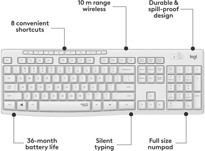 Logitech MK295 Wireless Mouse & Keyboard Combo with SilentTouch Technology, Full Numpad, Advanced Optical Tracking, Lag-Free Wireless, 90% Less Noise - Off - White