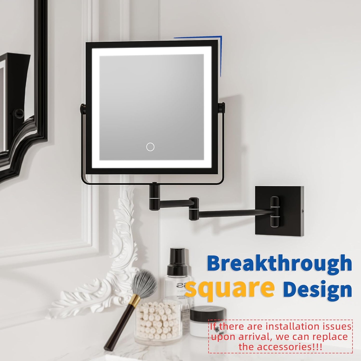 Ruacq Wall Mounted Makeup Mirror, Double Sided 1X/10X Magnifying Vanity Mirror, 360° Rotation Extension Foldable Arm(Matte Black)