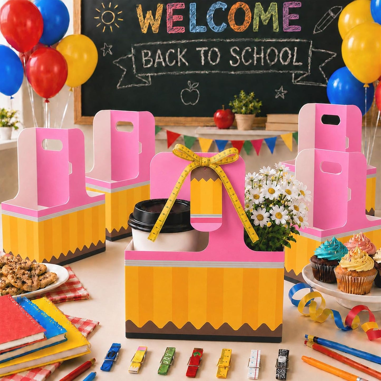 24 Set Back to School Teacher Gifts 2 Cup Drink Carrier with Greeting Card Ribbon Wooden Push Pins, Teacher Cup Holders with Handle for First Day of School Supplies Party Favors Gift