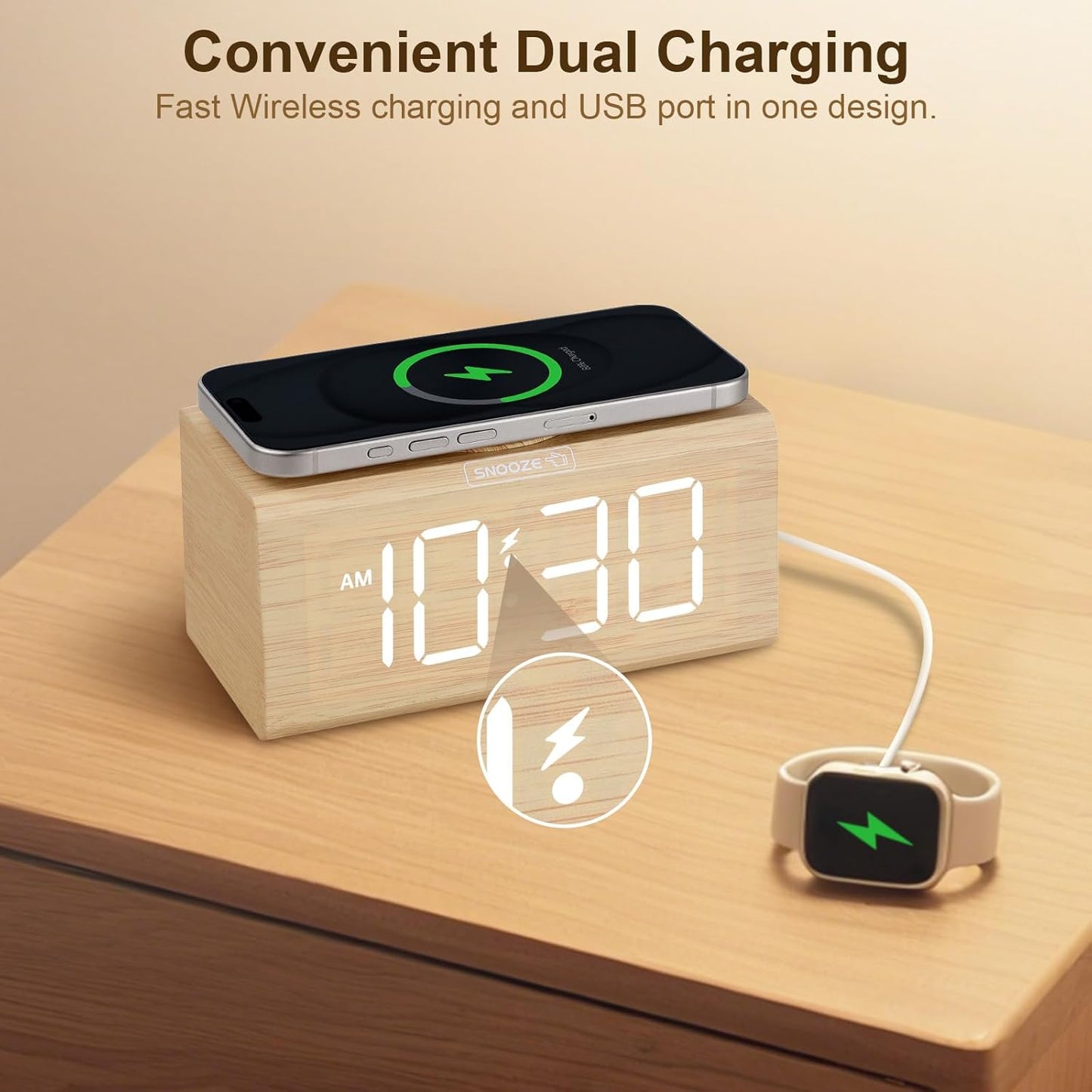 Wooden Alarm Clock with 15W Fast Wireless Charging, Dual Alarms, Large Display, Adjustable Brightness, USB Charging, Battery Backup, Dimmable Nightstand Clock (Bamboo)