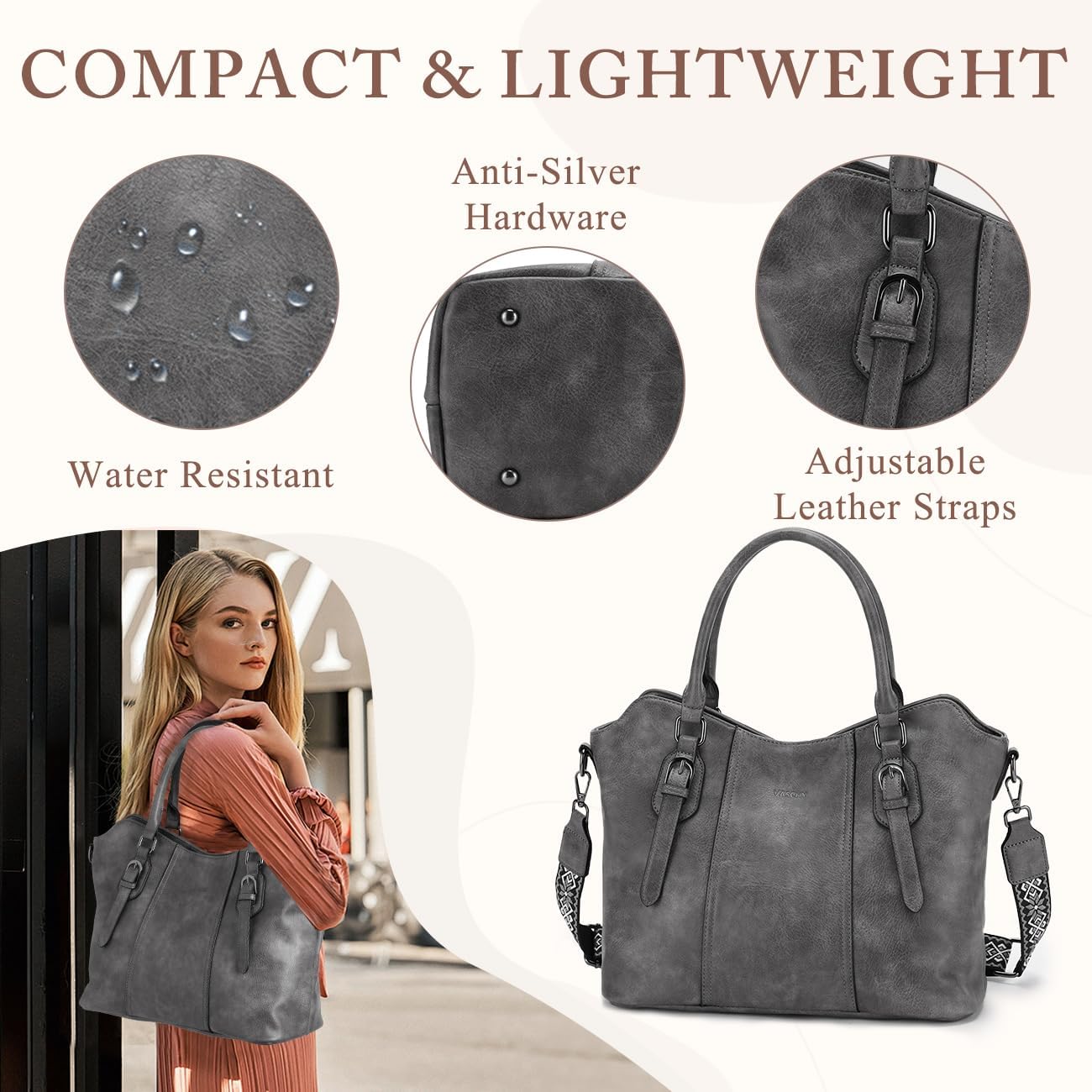 Hobo Bags for Women,VASCHY Vegan Leather Handbag Purse Top Handle Satchel Boho Shoulder Bag with Crossbody Guitar Strap