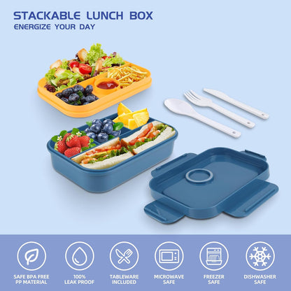 Bento Box Adult Lunch Box - 2000 ML Stackable with 8 Compartments, Leak-Proof, Built-in Sauce Container, Utensils, Microwave/Dishwasher/Freezer Safe - Blue