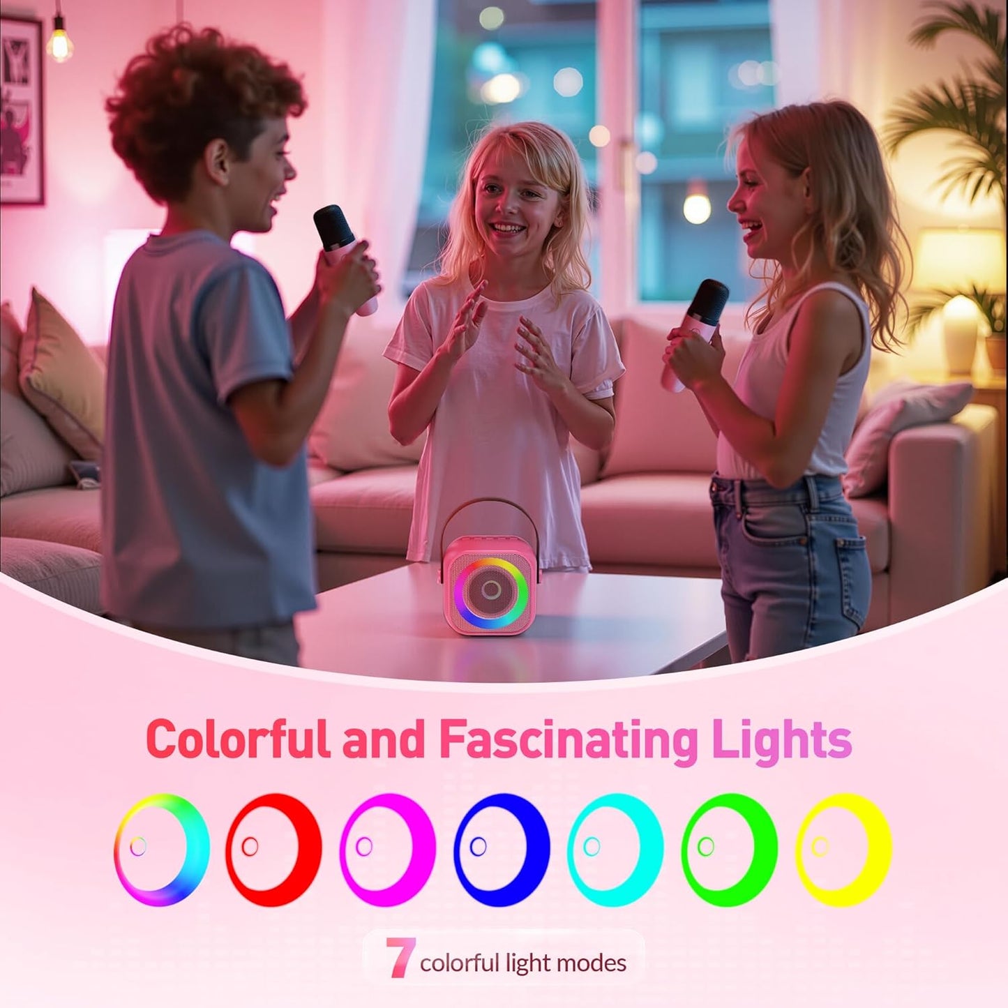 Mini Karaoke Machine for Kids Adults：Portable Bluetooth Karaoke Speaker with 2 Wireless Microphones and Lights for Home Party, Christmas Birthday Gifts for 4-12+ Years Old Girls Boys(Yellow)