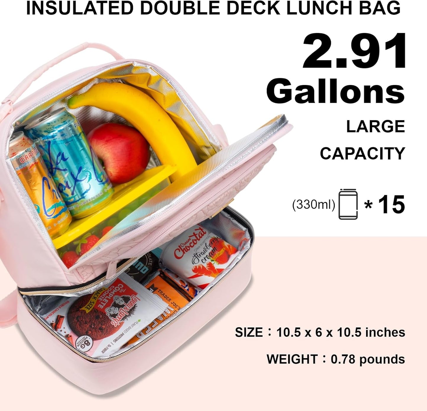 Everfun Womens Lunch Box Two Compartments Insulated Lunch Tote Bag Large Leakproof Soft Cooler for Work Picnic Travel, Black