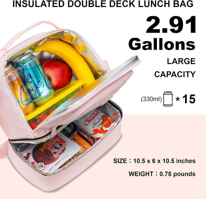 Everfun Womens Lunch Box Two Compartments Insulated Lunch Tote Bag Large Leakproof Soft Cooler for Work Picnic Travel, Black
