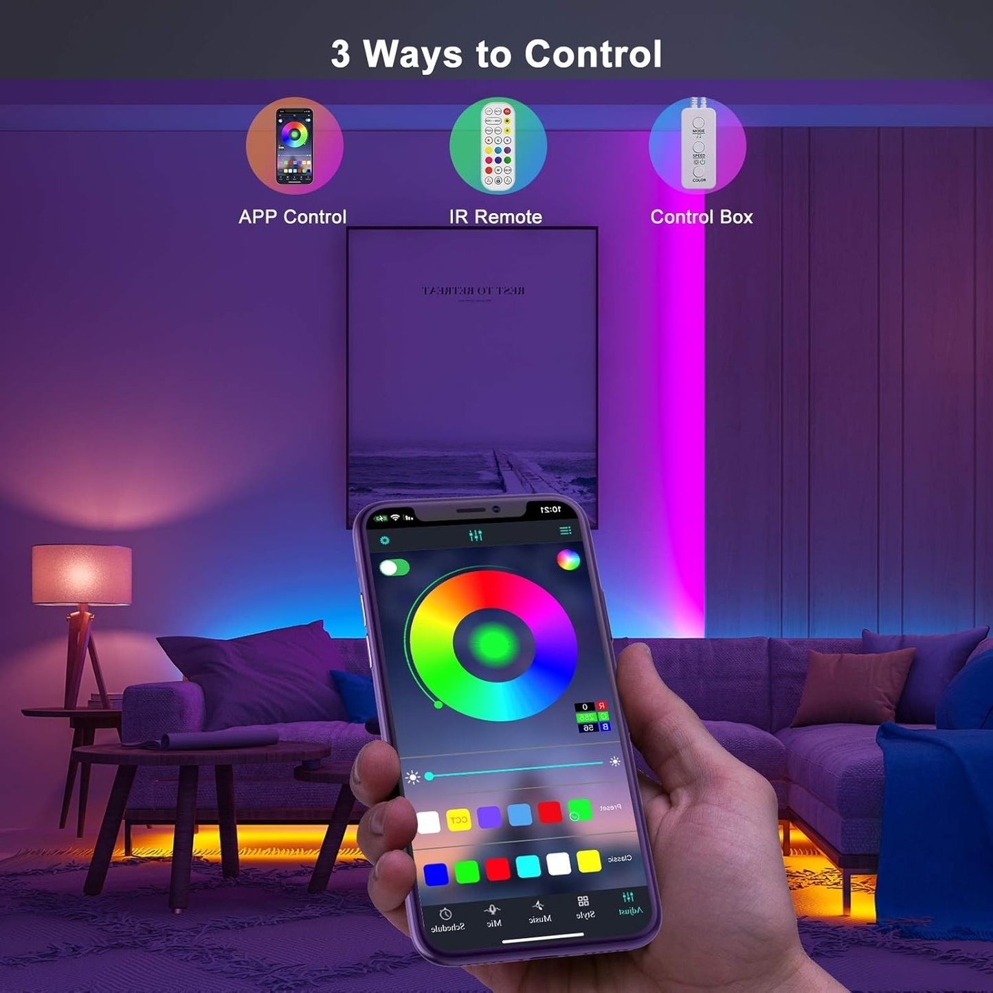 Purilite Select 2-Port RGB LED Strip Light Controller – Bluetooth App Control, Music Sync, Power Adapter Included