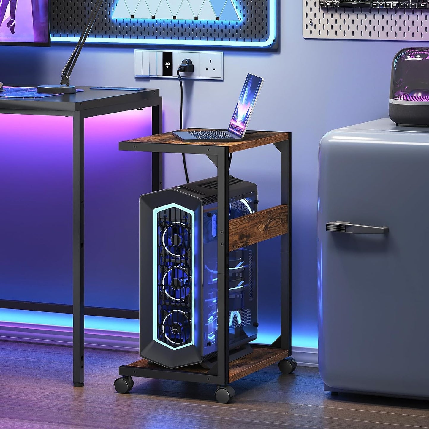 HOOBRO Computer Tower Stand, PC Stand with Charging Station, 2-Tier PC Tower Stand with Locking Caster Wheels, CPU Stand Fits Most PCs, for Floor, for Home Office Rustic Brown BF01UCJ01G1