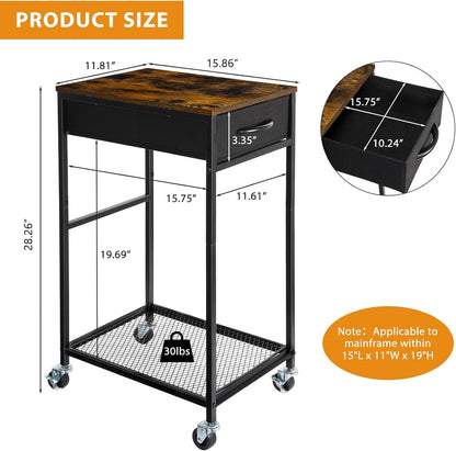 Computer Tower Stand PC Tower Stand with Storage Drawer Mobile CPU Holder Stand with Caster Wheels 2 Tier Rolling Computer Tower Cart for Home Office Fax, Rustic Brown