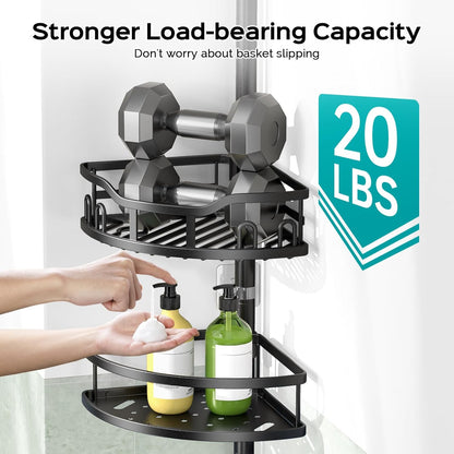 HAMITOR Corner Shower Caddy Tension Pole: High Capacity 4-Tier Rustproof Bathroom Organizer Shelves for Small Bathrooms - 47-121 inch Adjustable Floor Standing Bath Rack Holder - Black