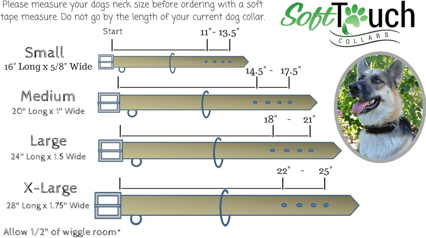 Soft Touch Collars Padded Leather Dog Collar, Large Brown - Genuine Real Leather, 24" Long x 1.5 Wide, Fits Neck Size 18" to 21" Inches