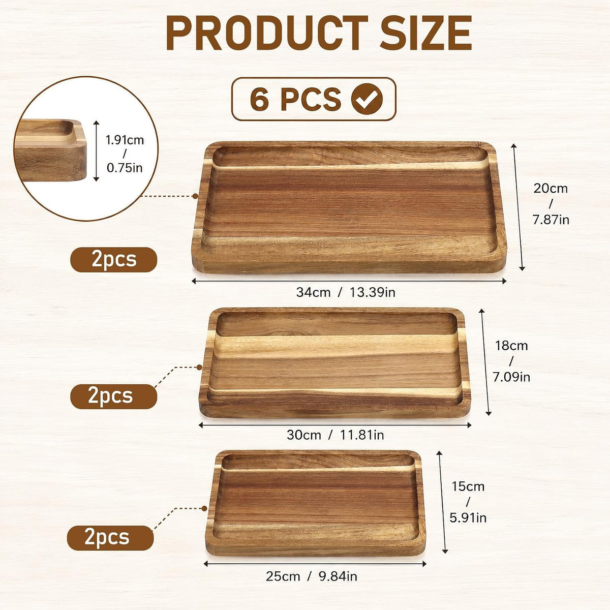 6 Pack Acacia Wood Serving Trays, Wooden Serving Platters in 3 Sizes, Rectangular Wood Food Trays for Bread Fruit Dessert Snack Coffee Table Countertop Kitchen Serving Board