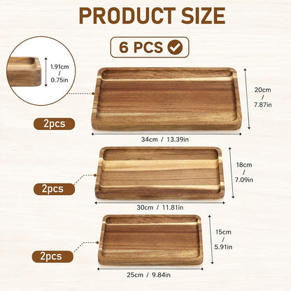 6 Pack Acacia Wood Serving Trays, Wooden Serving Platters in 3 Sizes, Rectangular Wood Food Trays for Bread Fruit Dessert Snack Coffee Table Countertop Kitchen Serving Board