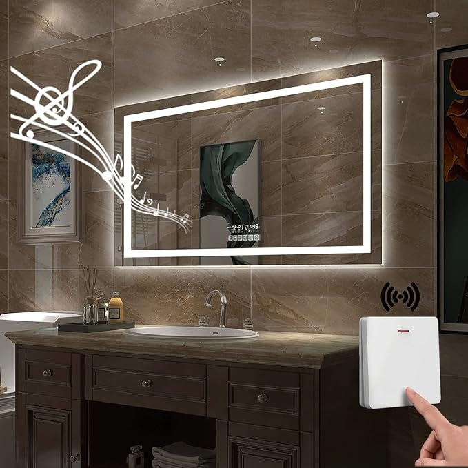 Gesipor 40"x32" Bathroom LED Mirror with Wireless Speaker Wall Switch - Lighted Vanity Mirrors for Bathroom Wall Mounted Backlit, Dimmable Light 3000K/6000K Anti-Fog Makeup Smart Mirror (Horizontal)