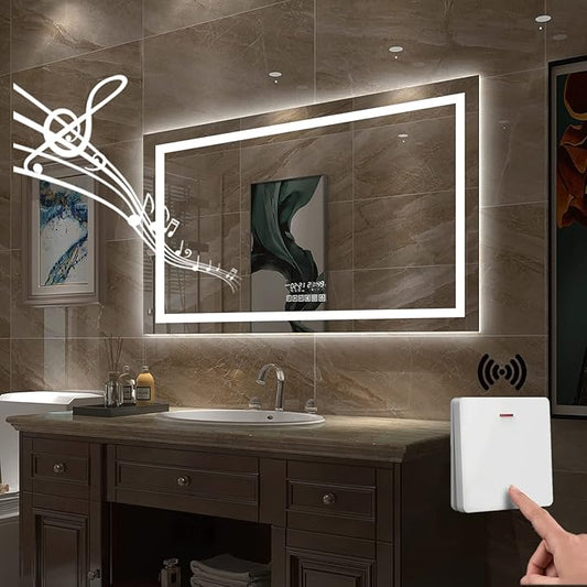 Gesipor 40"x32" Bathroom LED Mirror with Wireless Speaker Wall Switch - Lighted Vanity Mirrors for Bathroom Wall Mounted Backlit, Dimmable Light 3000K/6000K Anti-Fog Makeup Smart Mirror (Horizontal)