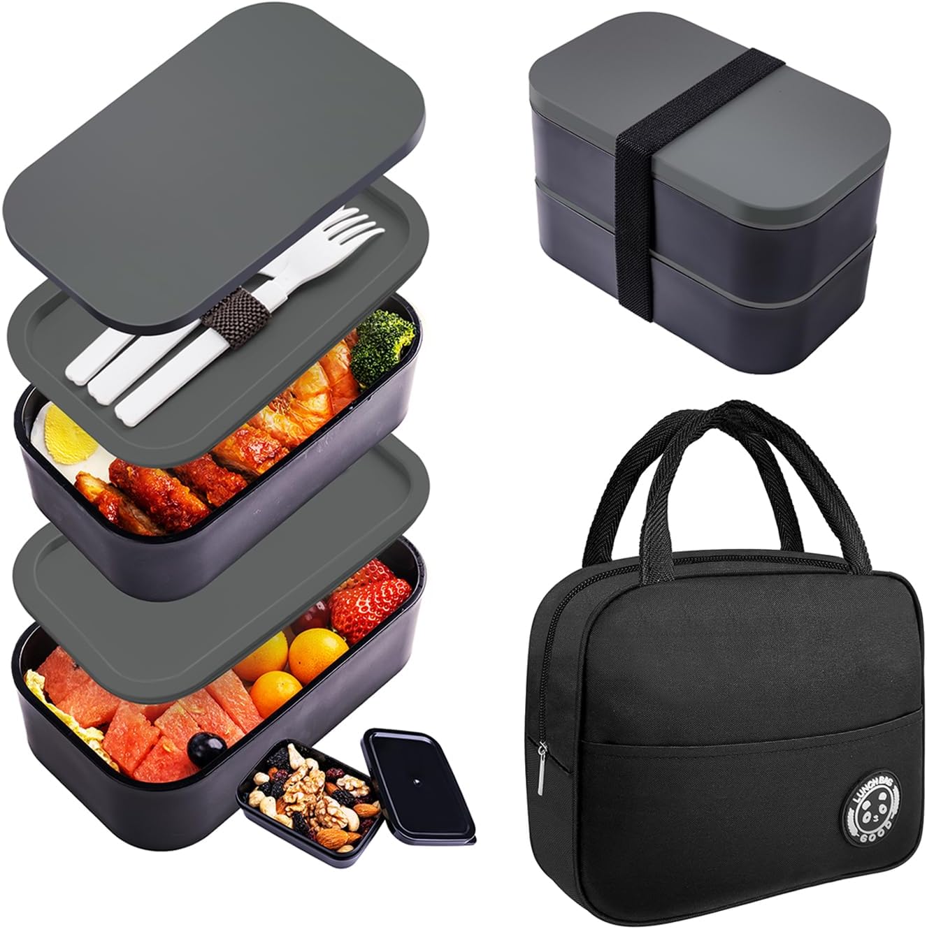Bento Box Adult Lunch Box with Lunch Bag,Japanese Lunch Box Containers for Adult,Bento Lunch Box with Leakproof 54OZ Black (Black)