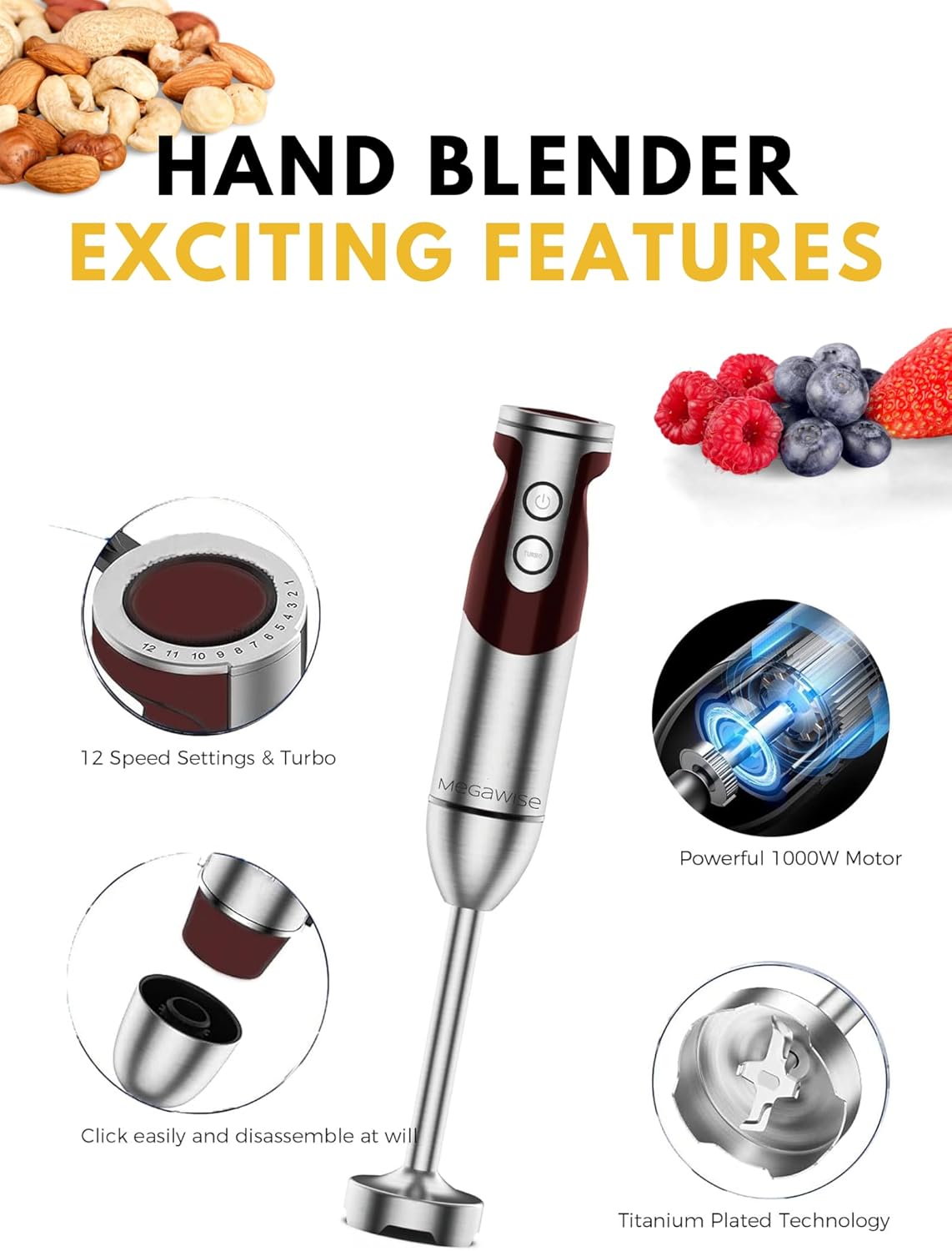 MEGAWISE new Hand Blender Series Only one Hand Blender,no attachments,12-Speed,Includes Powerful Blender Stick- Easy to Clean and Perfect for Smoothies, and More (Black)