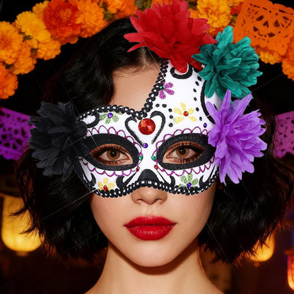 BODIY Halloween Masquerade Mask Flower Skull Day of the Dead Eyemask for Women Men Costume Masks Mardi Gras Half Mask