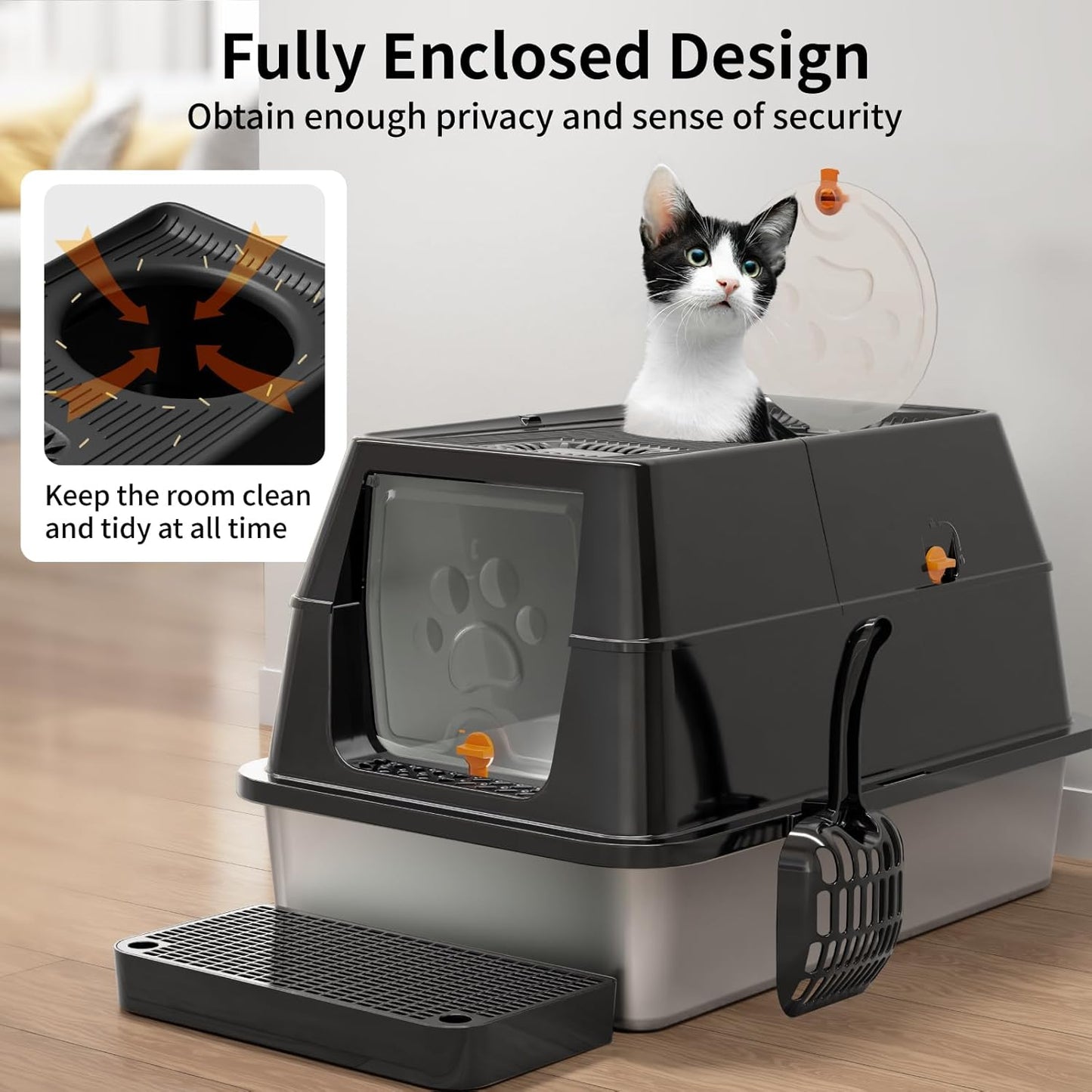 Eosarcu Stainless Steel Cat Litter Box with Lid, 180° Flip-Top XL Extra Large Enclosed Litter Box, Covered Metal High Sided Litter Pan with Steps & Scoop, Easy Cleaning, Odor Control,Non-Sticky-Black