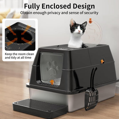 Eosarcu Stainless Steel Cat Litter Box with Lid, 180° Flip-Top XL Extra Large Enclosed Litter Box, Covered Metal High Sided Litter Pan with Steps & Scoop, Easy Cleaning, Odor Control,Non-Sticky-Black