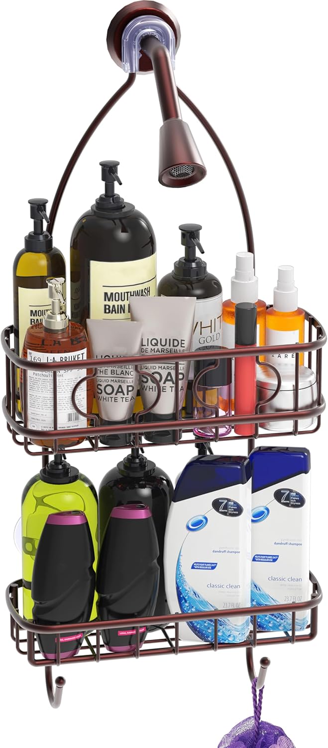 Hanging Shower Caddy Organizer with Hooks and Non-Slip Grip, Rust-Resistant Steel Bathroom Storage Rack, Bronze Finish - PuriLite