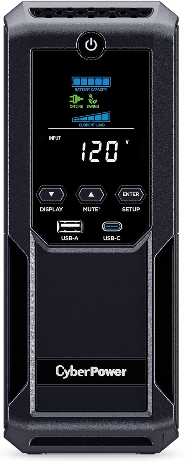 CyberPower CP1500AVRLCD3 Intelligent LCD UPS System, 1500VA/900W, 12 Outlets, 2 USB Ports, AVR, Mini Tower, Black
