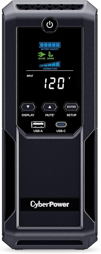 CyberPower CP1500AVRLCD3 Intelligent LCD UPS System, 1500VA/900W, 12 Outlets, 2 USB Ports, AVR, Mini Tower, Black