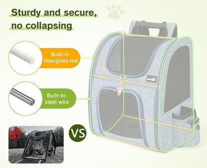 Pecute Cat Backpack with Breathable Mesh, Dog Backpack Carrier with Multi-Pockets for Cats Puppies, Pet Backpack Carrier for Travel Hiking Camping Outdoor （Gray）