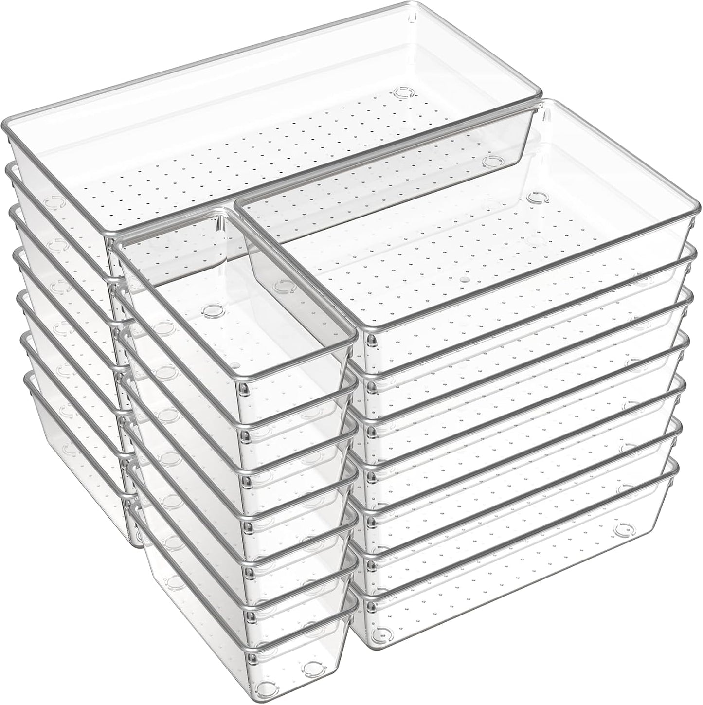 Criusia Large Drawer Organizer Bins 26 Pack | Complete 5 Size Clear Plastic Kitchen Drawer Organizers for Utensils | Bathroom Drawer Organizer Trays | Versatile for Makeup Office Organization