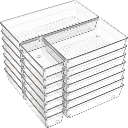 Criusia Large Drawer Organizer Bins 26 Pack | Complete 5 Size Clear Plastic Kitchen Drawer Organizers for Utensils | Bathroom Drawer Organizer Trays | Versatile for Makeup Office Organization