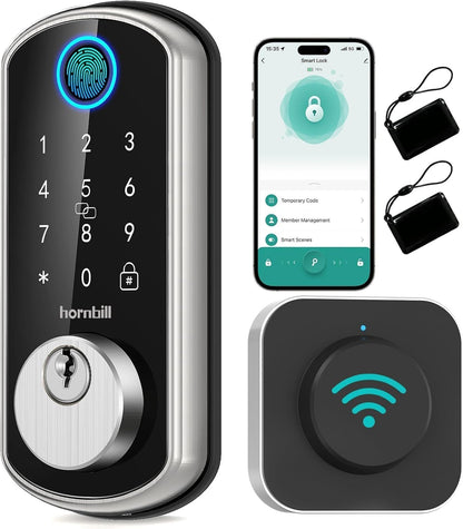 Hornbill Smart WiFi Front Door Lock: Keyless Entry Fingerprint Deadbolt - Alexa Bluetooth Electronic Keypad Door Locks for House Apartment Auto Lock Smart Life APP Remote Control - Black