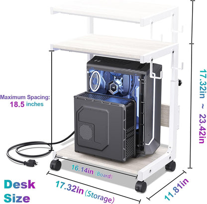 Height Adjustable Computer Tower Stand with Charge Station and USB Charging Port, 2-Tier ATX-Case Cart, Under Desk Mobile PC Stand, CPU Holder Cart with Locking Caster Wheels for Fits Most PC